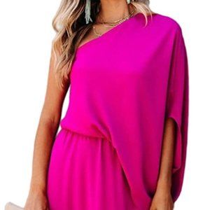Women's One Shoulder Dress Solid Color 3/4 Single Sleeve Maxi